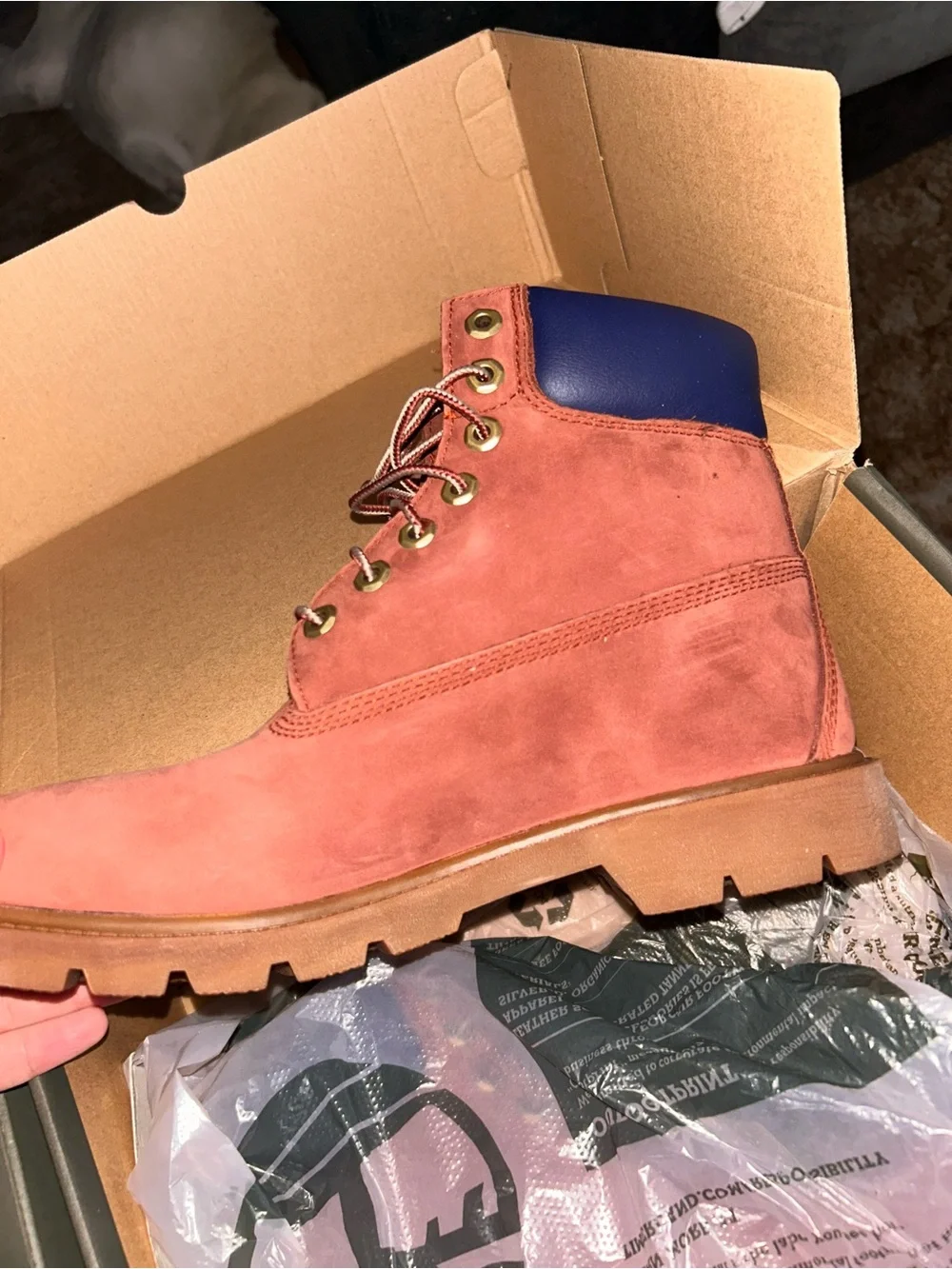 Timberland Men's Dark Rust Nubuck Work Boot with Navy Collar